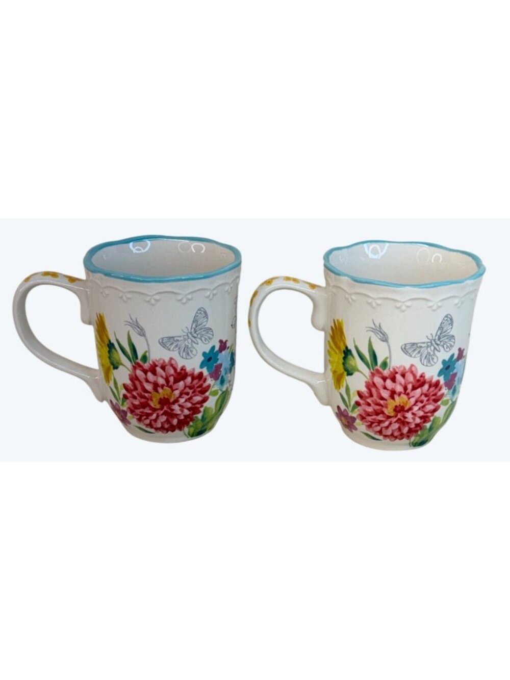 2 Pioneer Woman Stoneware Blooming Bouquet Mugs Floral Butterfly - Picture 3 of 9